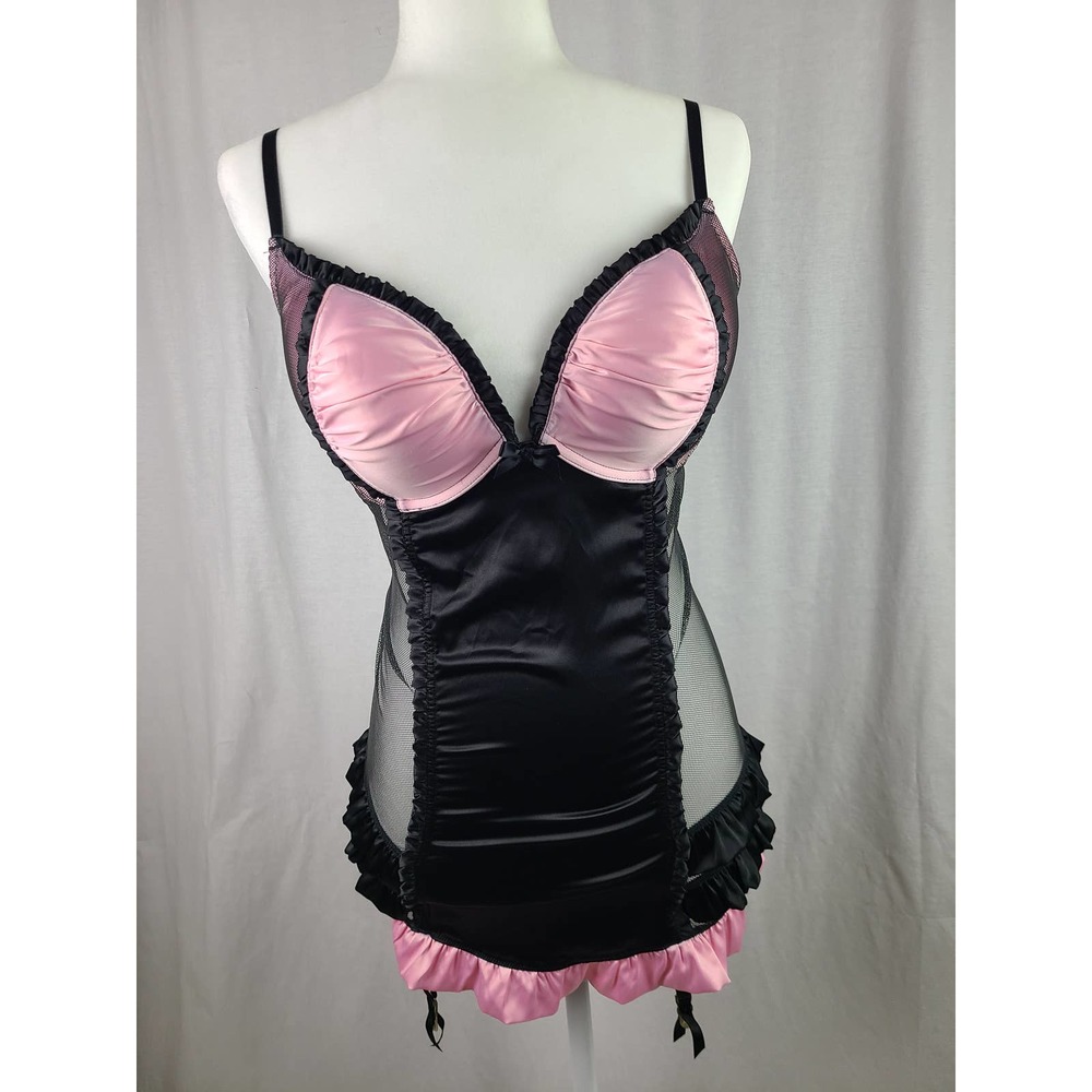 V Secret Pink Satin Black Lace Bustier / Corset